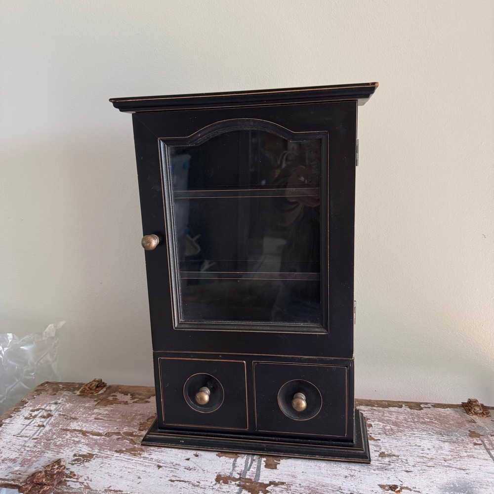 Black Wooden Wall Curio Cabinet Glass Door 2 Drawers Distressed Primitive Style